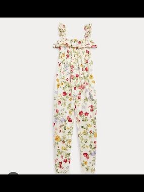 Polo Ralph Lauren Floral Ruffle-Strap Jumpsuit in Cream with Strawberry Print
